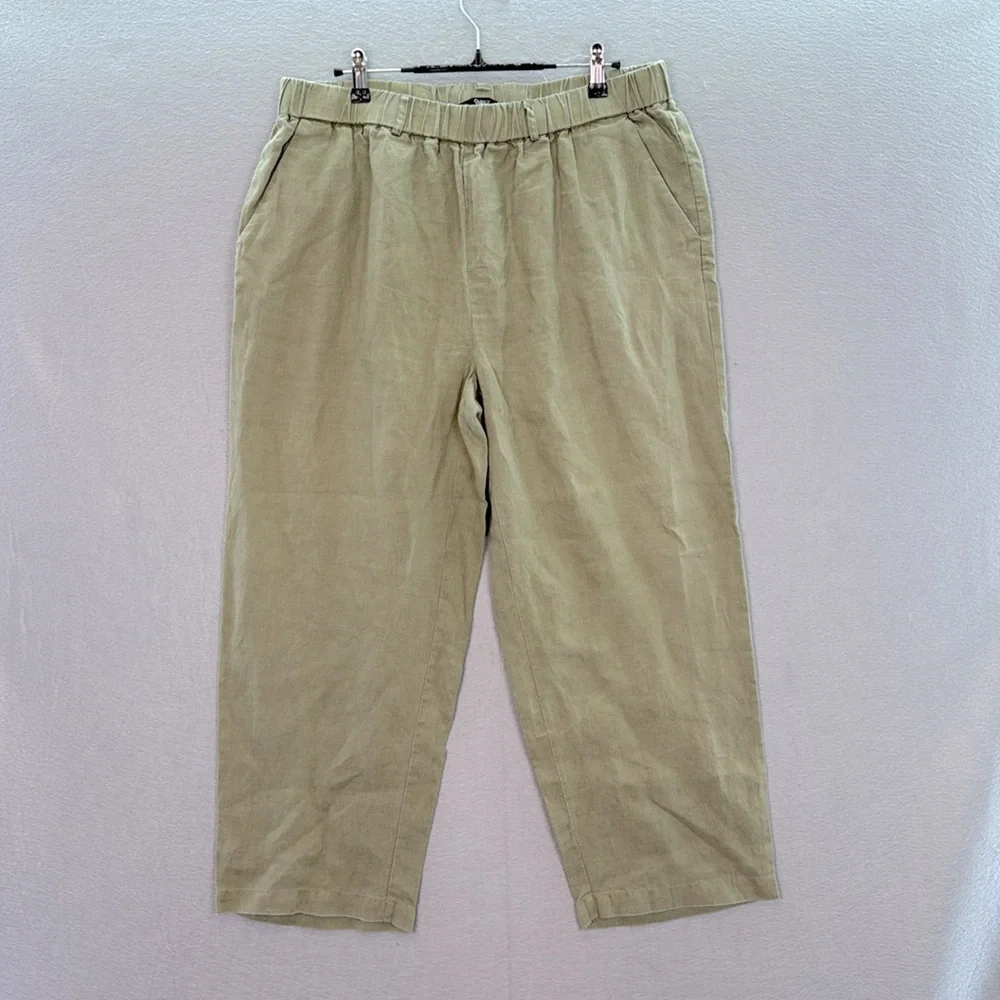 Quince women’s olive green 100% European linen wide leg cropped pull -on pants L